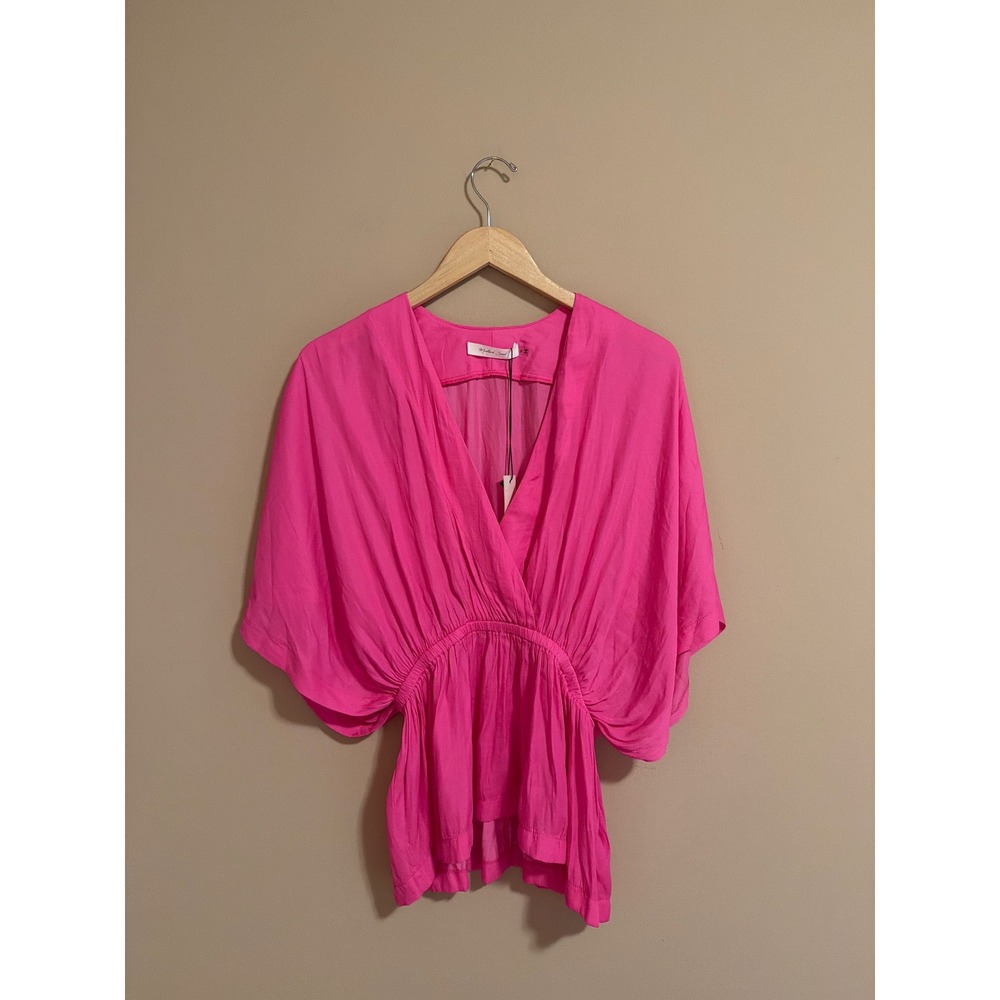 Hot Pink Surplice V-Neck Elastic Waist Dolman Sleeve Blouse Small
